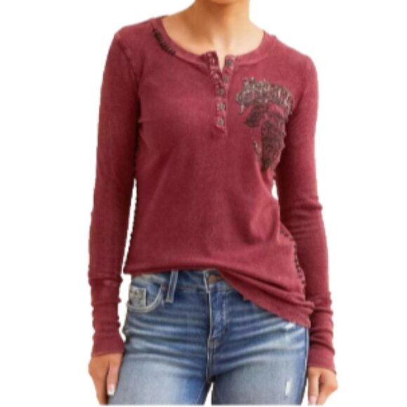 NEW Affliction Live Fast Henley Rhinestones Cotton Top Side Stitched S Vine Y2K - Picture 1 of 17